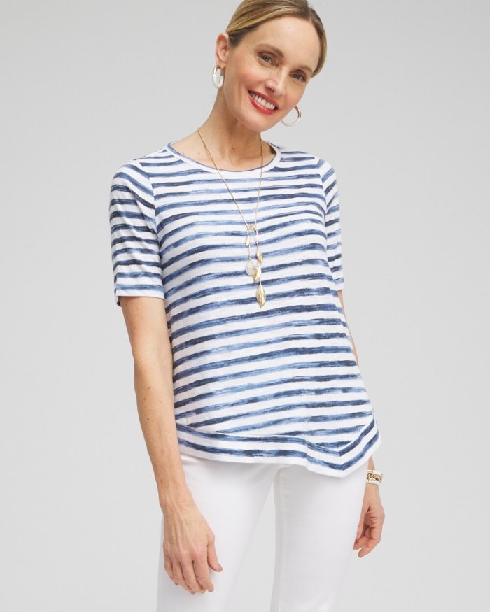 Chicos Stripe Asymmetrical Elbow Sleeve Tee - Classic Navy