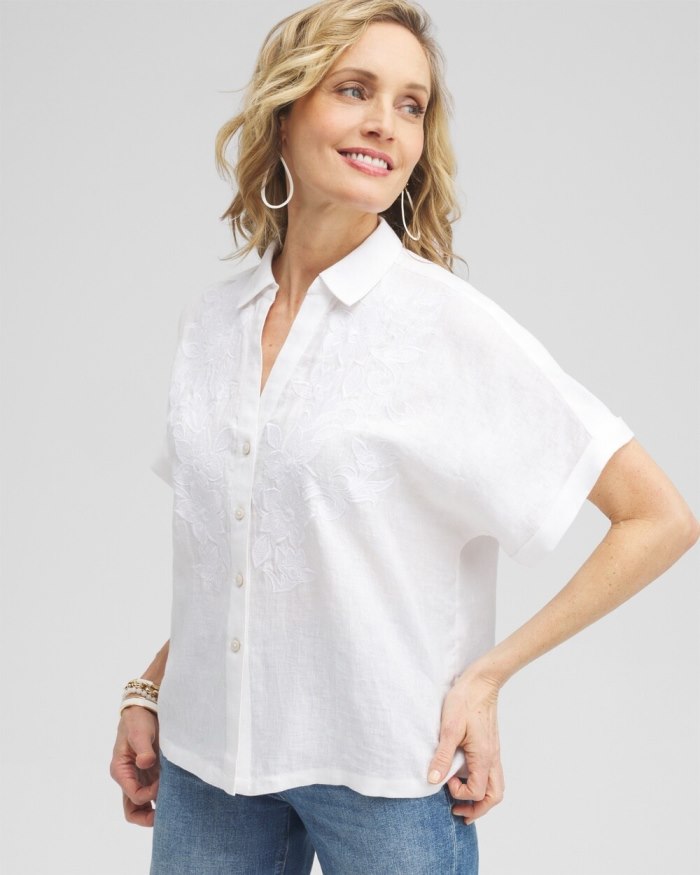 Chicos Linen Embroidered Applique Shirt - Alabaster