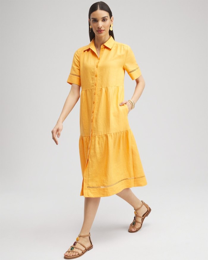 Chicos Linen Lattice Trim Midi Dress - Mango Sorbet