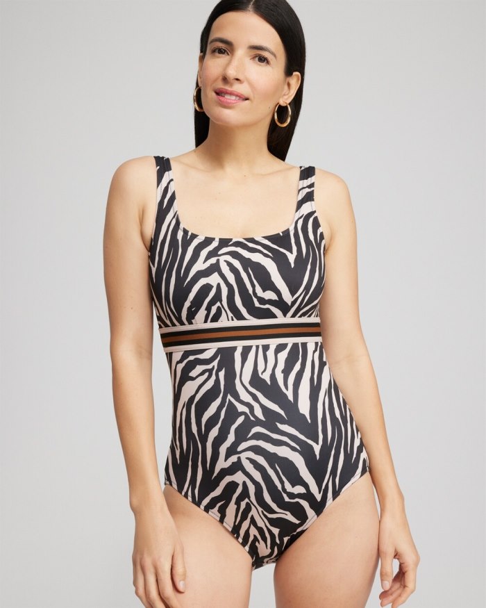 Chicos Square Neck One Piece Swimsuit - Black/Brown