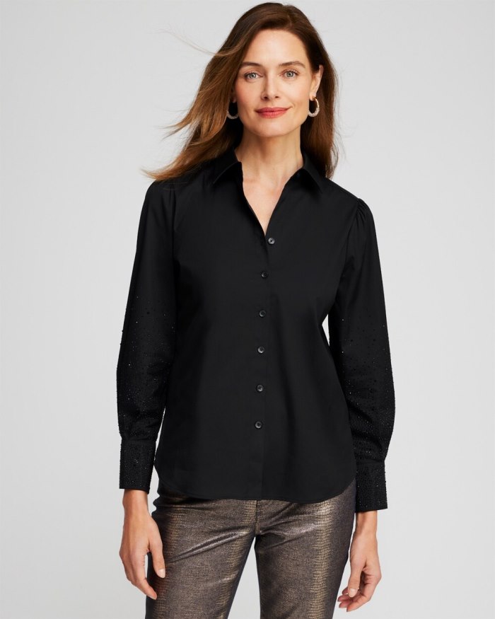 Chicos Poplin Embellished Sleeve Shirt - Black