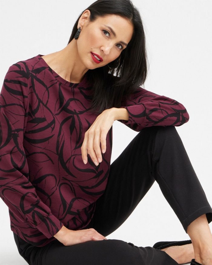 Chicos Zenergy Ribbon Print Sweatshirt - Deep Merlot