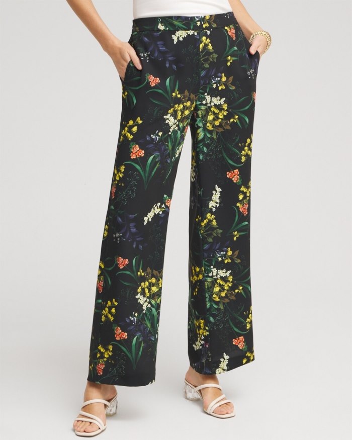 Chicos Floral Wide Leg Soft Pants - Black And Green