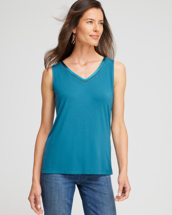 Chicos Touch of Cool Caviar Trim Tank - Moonlit Teal