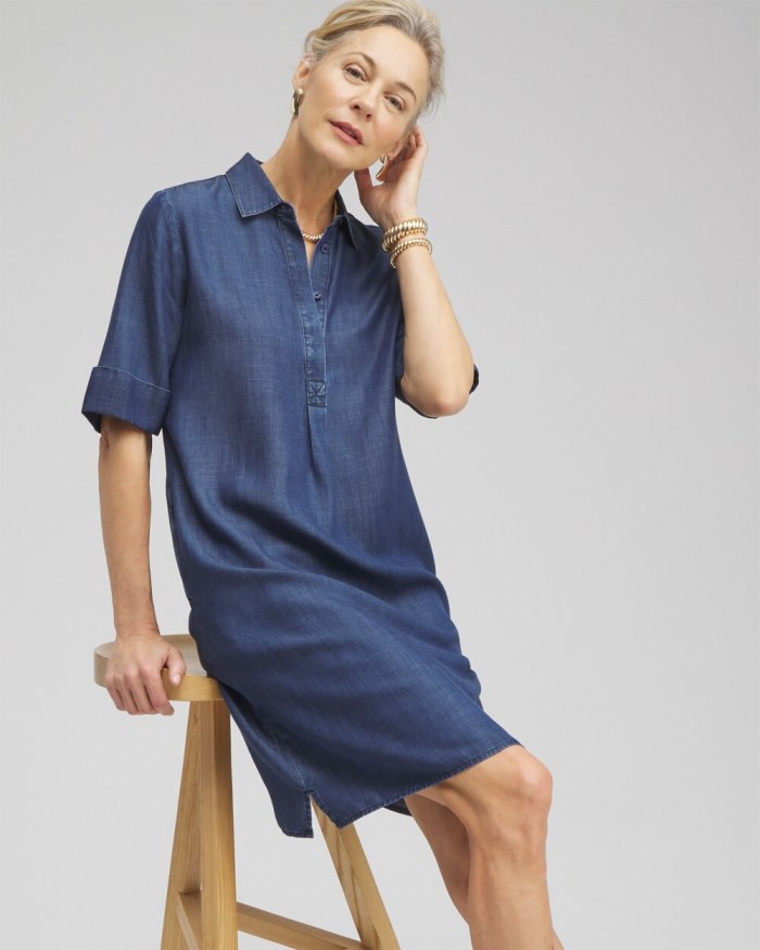 Chicos Elbow Sleeve Popover Shirt Dress - Marina Bay Indigo