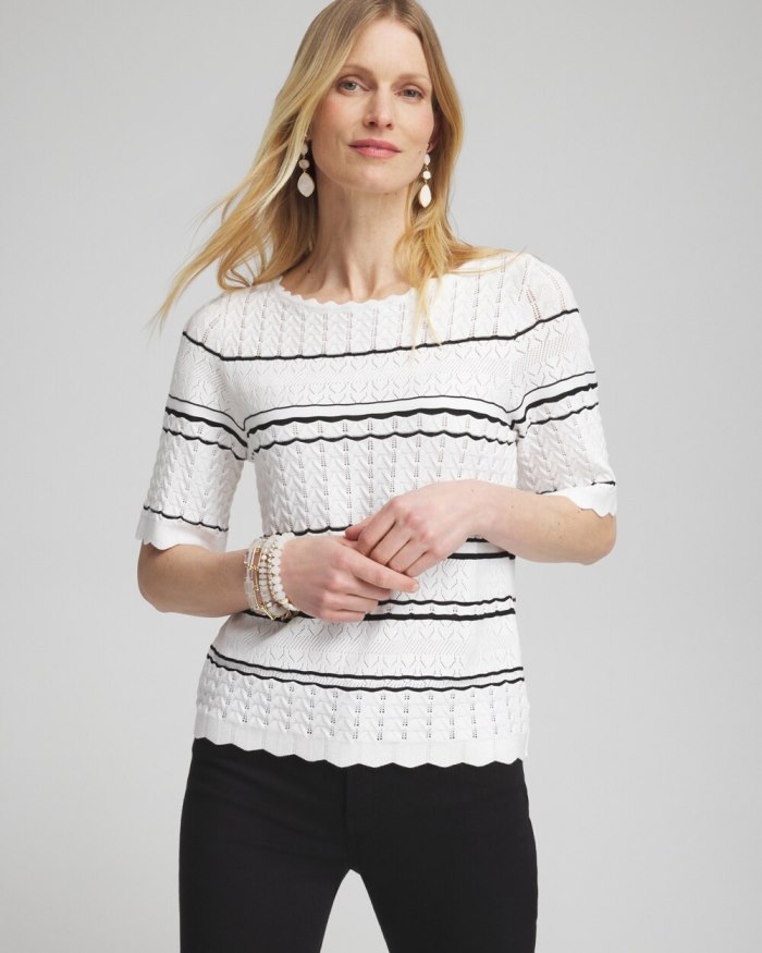 Chicos Textured Pointelle Stripe Pullover - Alabaster