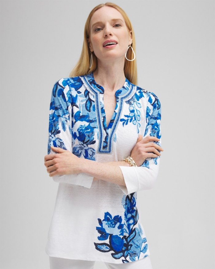 Chicos Linen Floral Embellished Tunic - Intense Azure