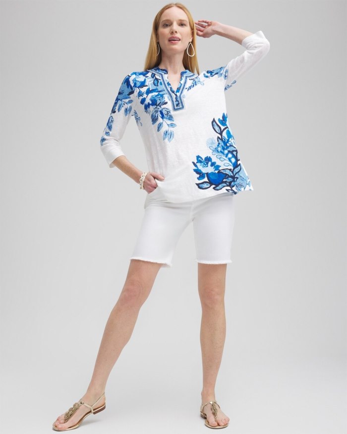 Chicos Linen Floral Embellished Tunic - Intense Azure