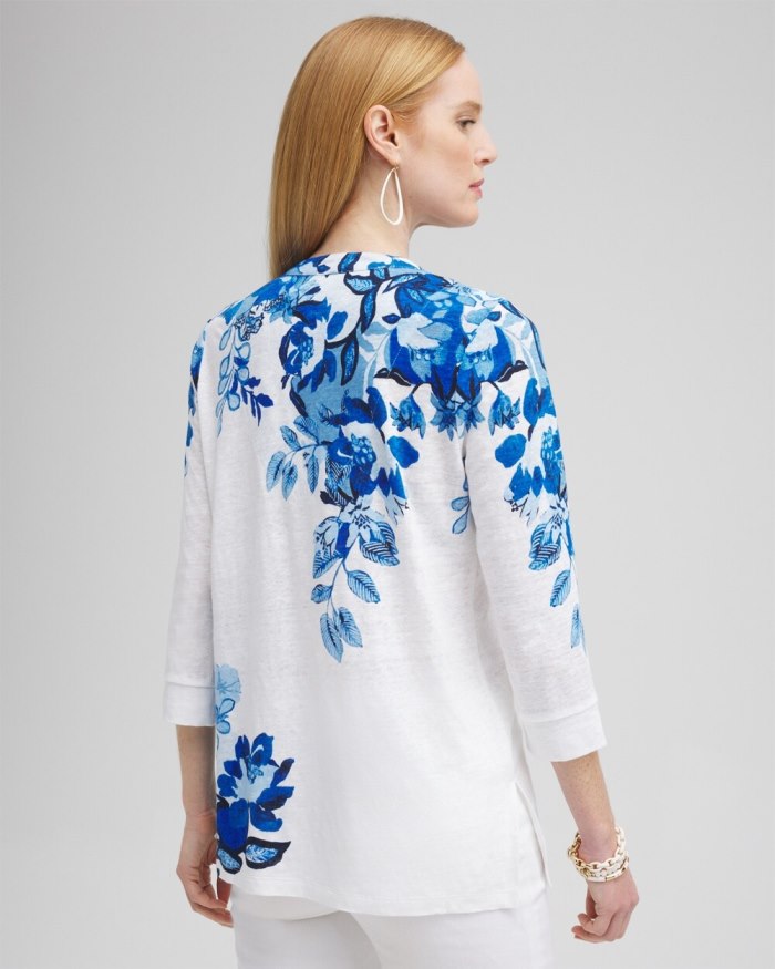 Chicos Linen Floral Embellished Tunic - Intense Azure