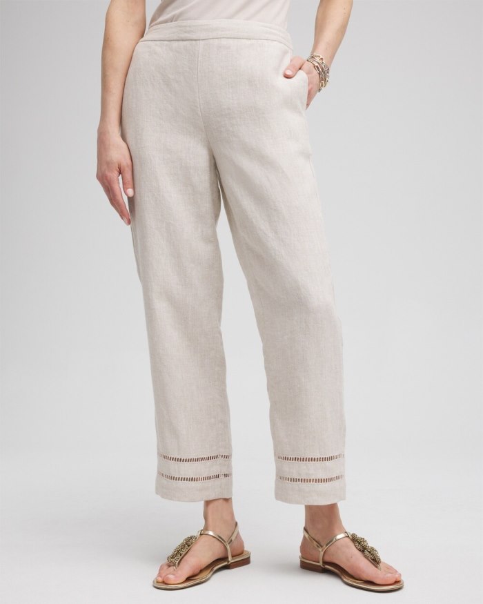 Chicos Linen Ladder Trim Cropped Pants - Oatmeal