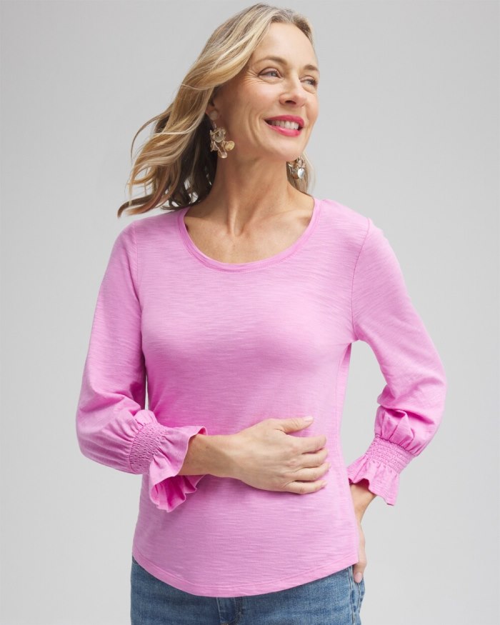 Chicos Smocked 3/4 Sleeve Tee - Pink Dawn