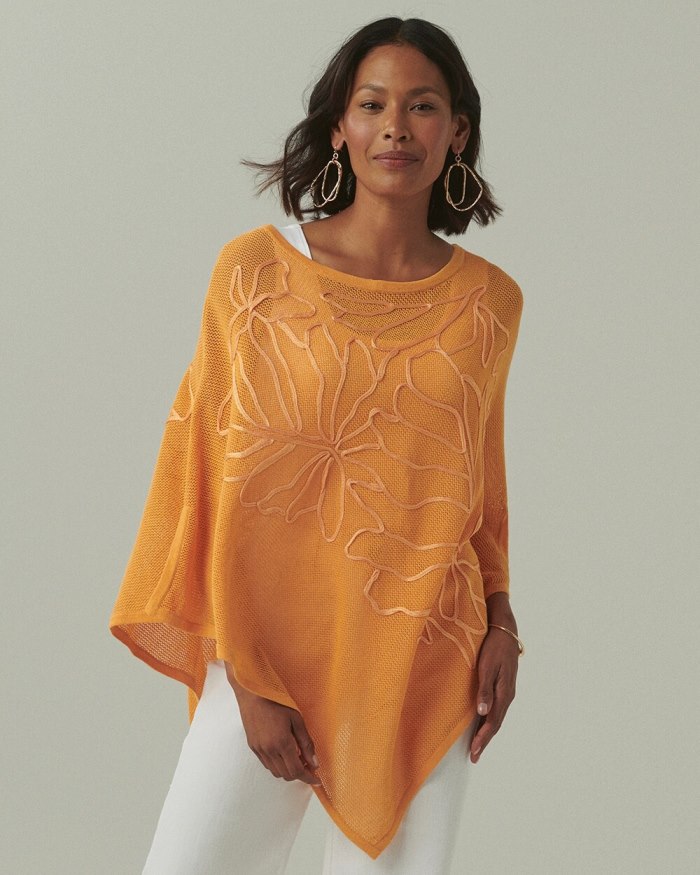 Chicos Embroidered Knit Triangle Poncho - Mango Sorbet