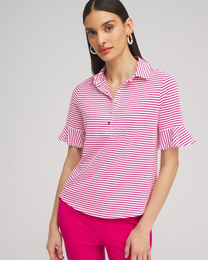 Chicos Zenergy UPF Knit Stripe Ruffle Polo - Magenta Rose