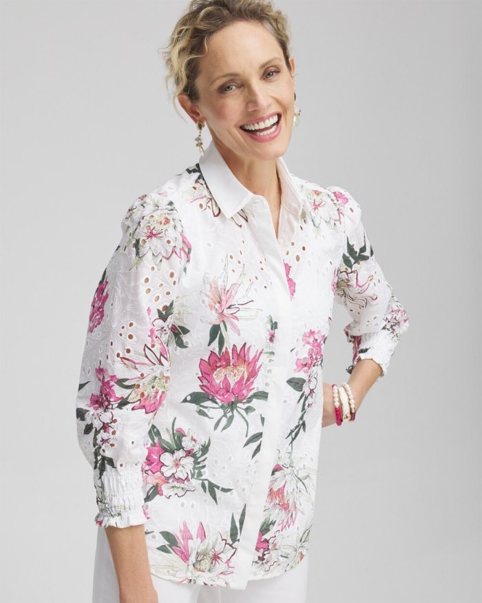 Chicos Floral Eyelet Shirt - PINK BROMELIAD