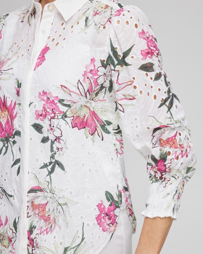 Chicos Floral Eyelet Shirt - PINK BROMELIAD