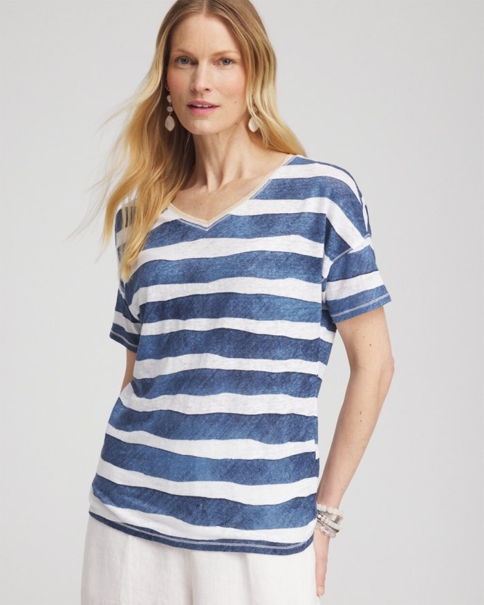 Chicos Navy Stripe Sweater Trim Tee - Classic Navy