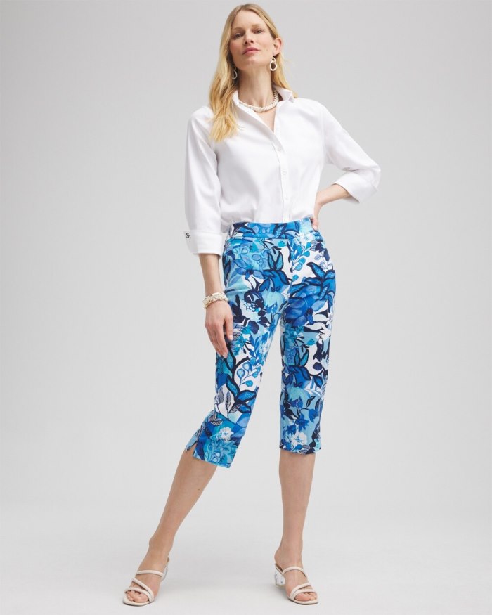 Chicos Brigitte Cool Floral Capri Pants - Alabaster/Classic Navy