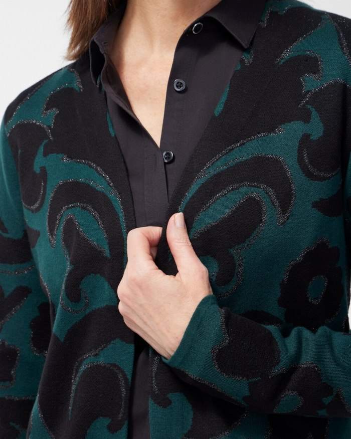 Chicos Scroll Print Lurex Cardigan Sweater - Enchanted Forest