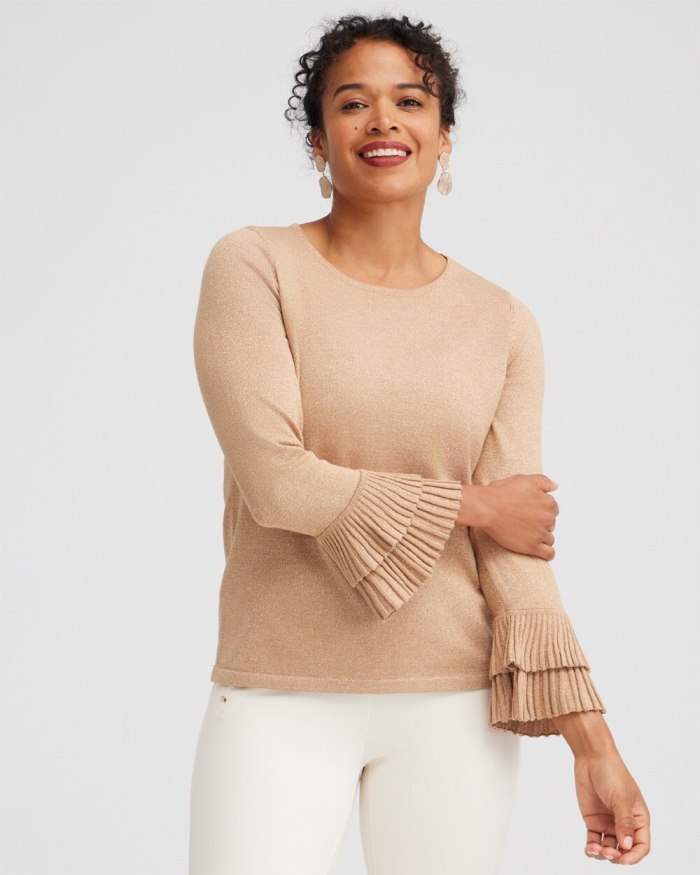 Chicos Lurex Pleat Sleeve Pullover Sweater - Faux Camel Heather