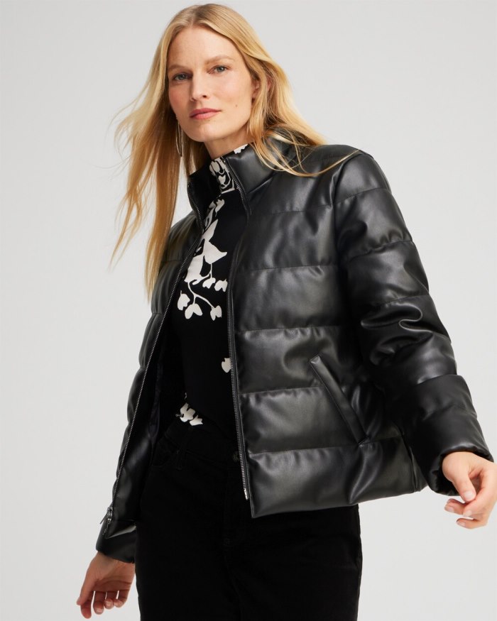 Chicos Faux Leather Puffer Jacket - Black