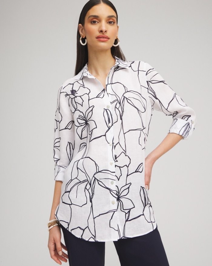 Chicos No Iron Linen Floral Tunic - Optic White