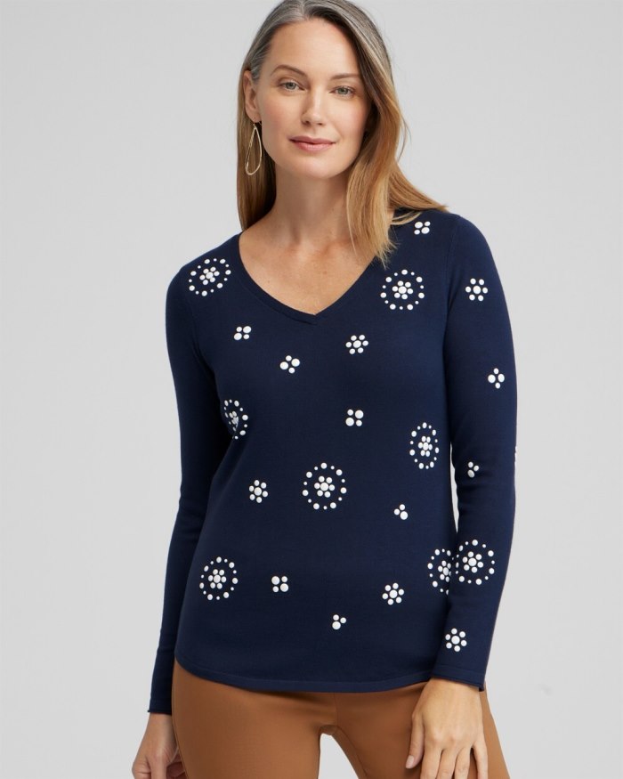 Chicos Spun Rayon Embellished V-neck Pullover - Classic Navy