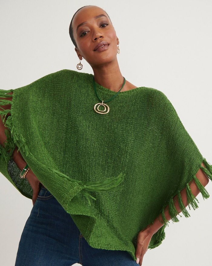 Chicos Fringe Knit Poncho - Verdant Green