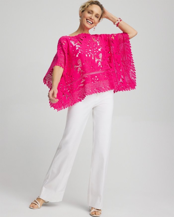 Chicos Lace Crochet Poncho - PINK BROMELIAD