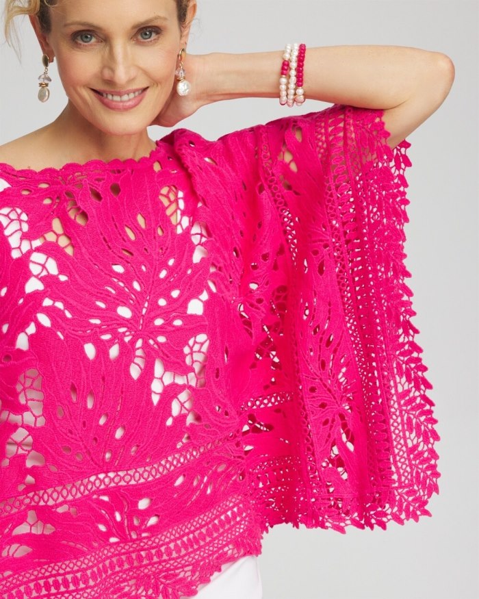 Chicos Lace Crochet Poncho - PINK BROMELIAD