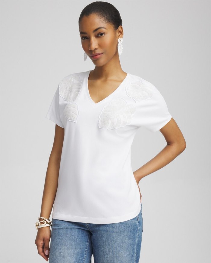 Chicos Beaded Cotton Stretch Tee - Alabaster