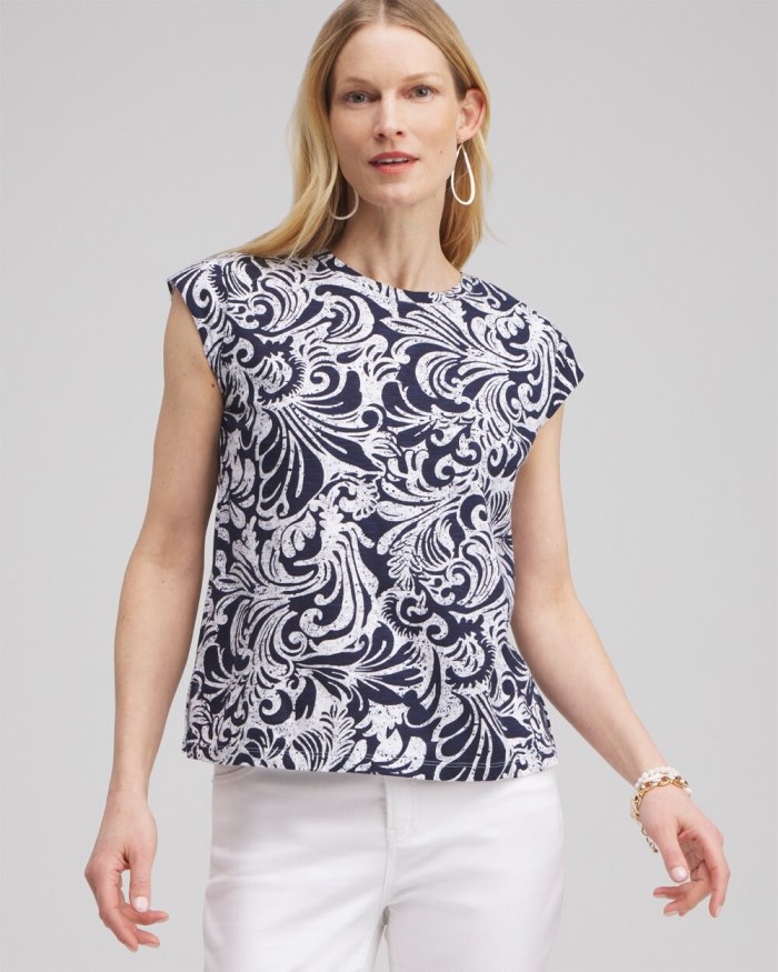 Chicos Paisley Cap Sleeve Tee - Classic Navy