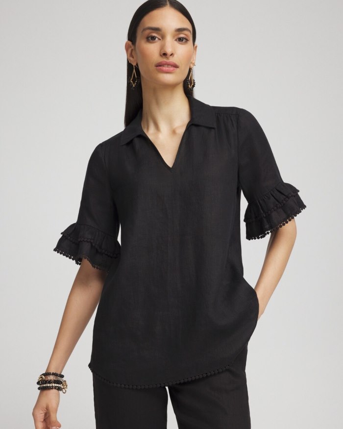 Chicos Linen Ruffle Sleeve Blouse - Black