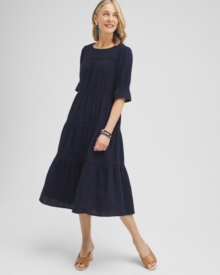 Chicos Gauze Tiered Midi Dress - Classic Navy