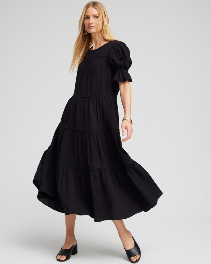 Chicos Gauze Tiered Midi Dress - Classic Navy