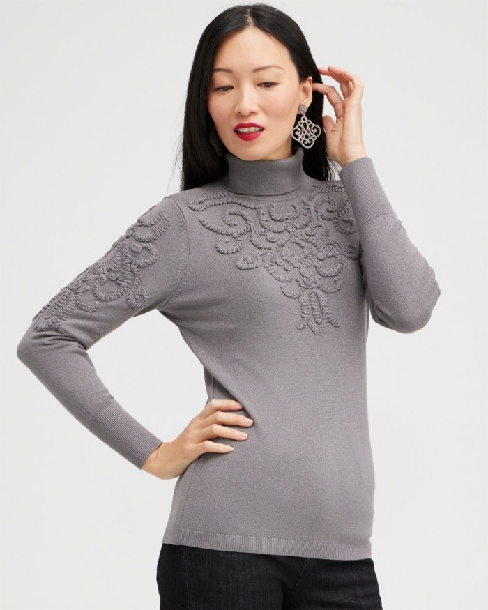 Chicos Silver Soutache Turtleneck Sweater - Gray