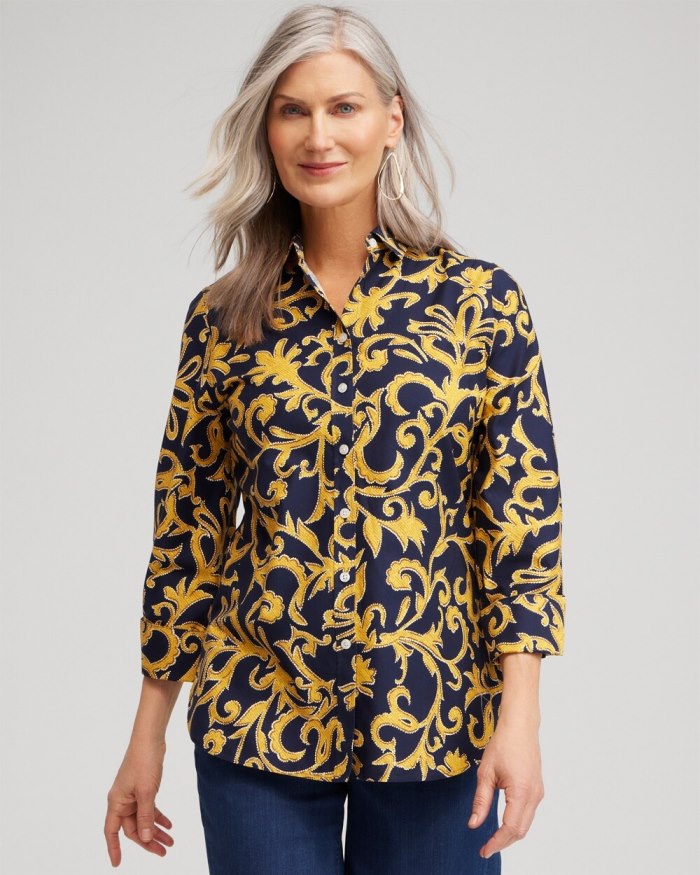 Chicos No Iron 3/4 Sleeve Filigree Print Shirt - Classic Navy