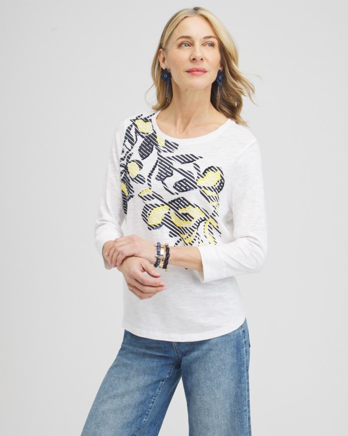 Chicos Embroidered 3/4 Sleeve Tee - Alabaster