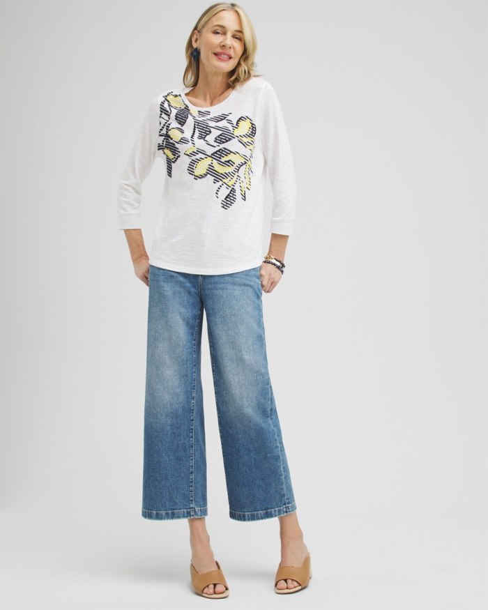 Chicos Embroidered 3/4 Sleeve Tee - Alabaster