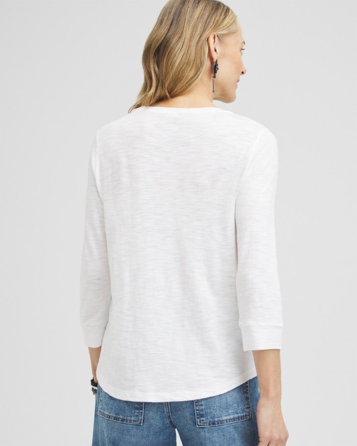 Chicos Embroidered 3/4 Sleeve Tee - Alabaster