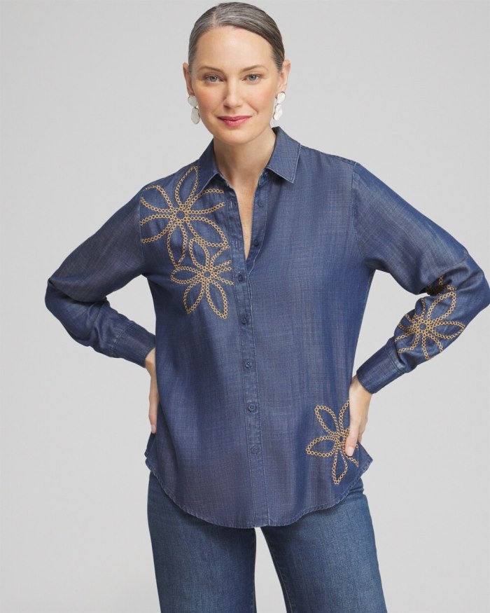 Chicos Twill Denim Eyelet Shirt - Deep Rapids Wash