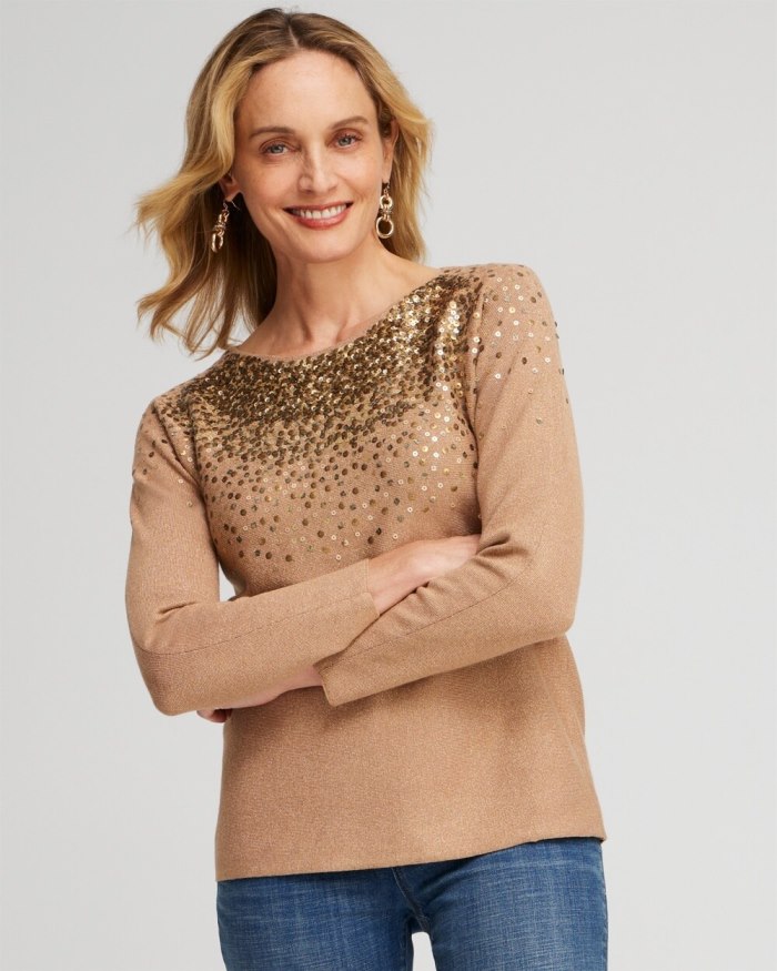 Chicos Ombre Sequin Pullover Sweater - Faux Camel Heather