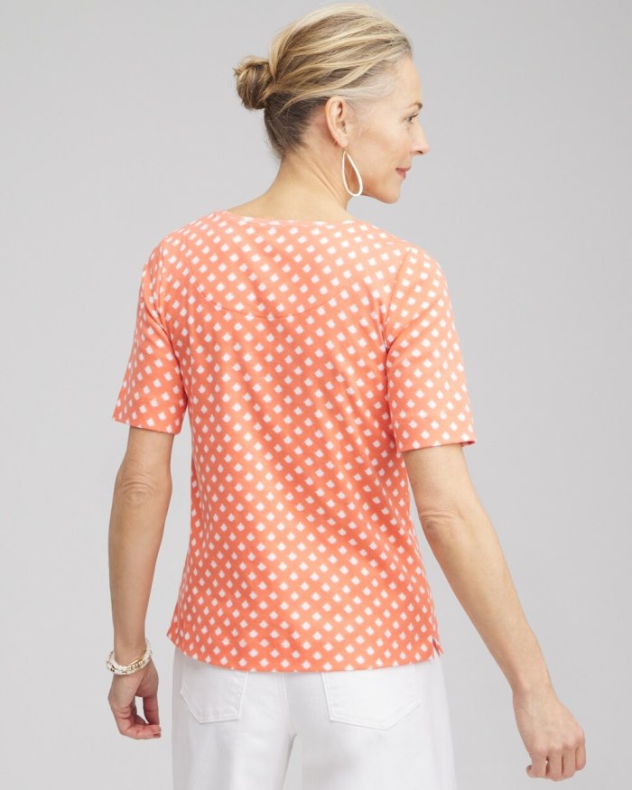 Chicos Checkered Everyday Elbow Sleeve Tee - Nectarine