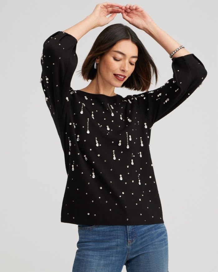 Chicos Drop Rhinestone Pullover Sweater - Black