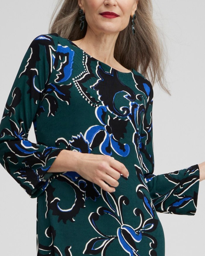 Chicos Travelers Floral Bell Sleeve Dress - Enchanted Forest