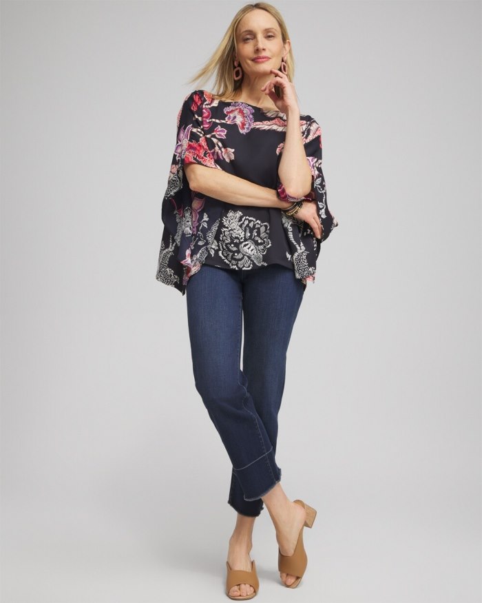 Chicos Ruffle Detail Floral Poncho - Classic Navy