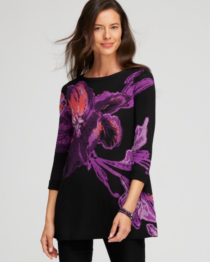 Chicos Floral Roll Cuff Tunic Sweater - Black