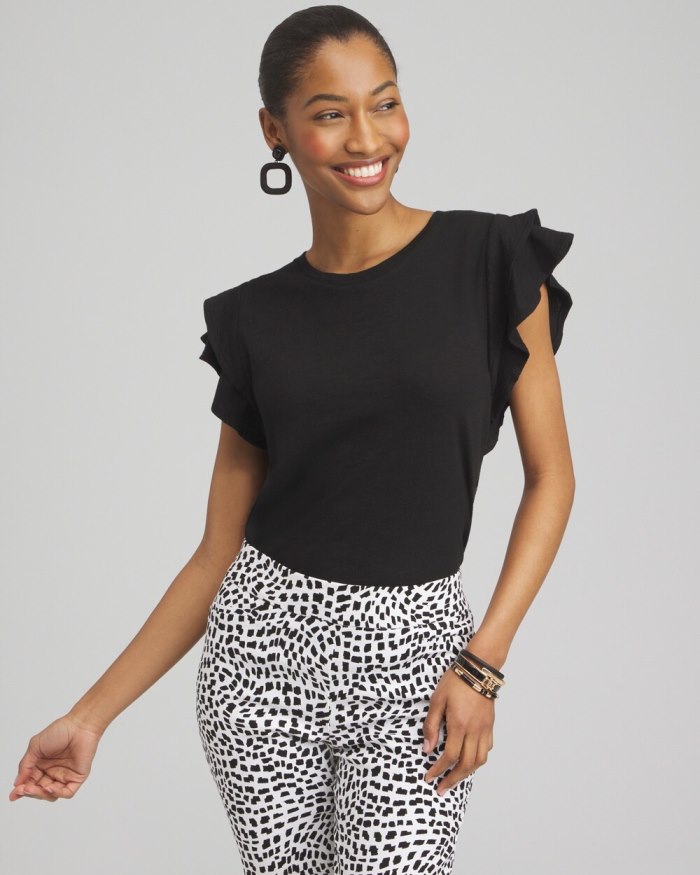 Chicos Flutter Cap Sleeve Tee - Black