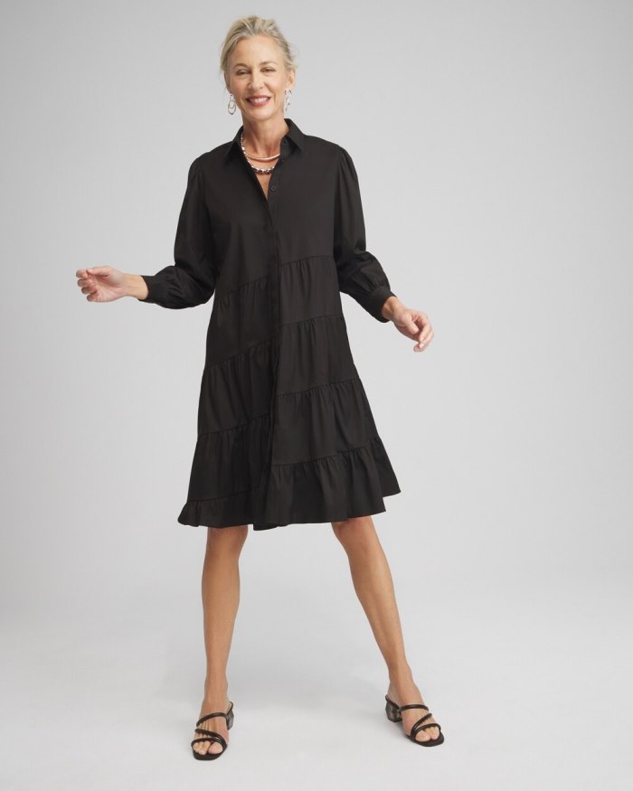 Chicos Poplin Asymmetrical Tiered Shirt Dress - Soft Slate