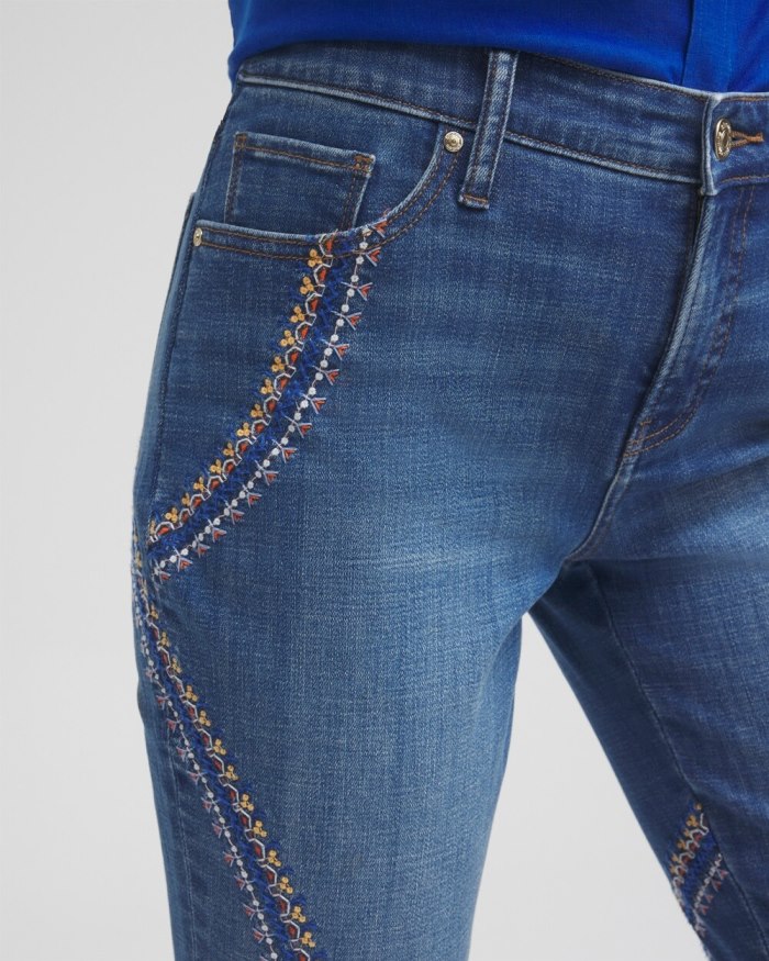 Chicos Girlfriend Embroidered Cropped Jeans - Corfu Indigo