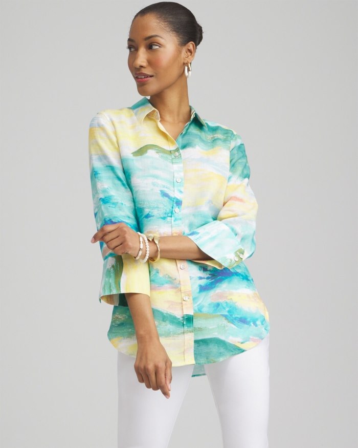 Chicos No Iron Linen Watercolor 3/4 Sleeve Shirt - Cool Water